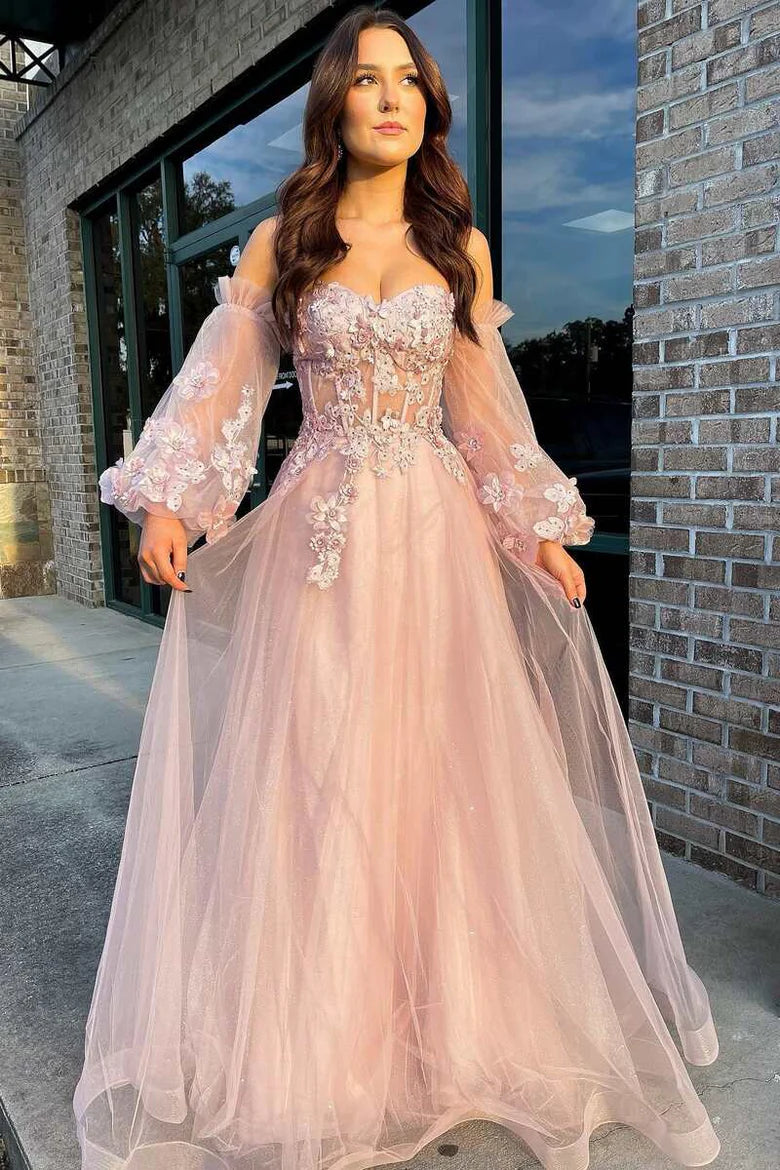 Vestido de fiesta de tul sin tirantes y corte en A con mangas globo